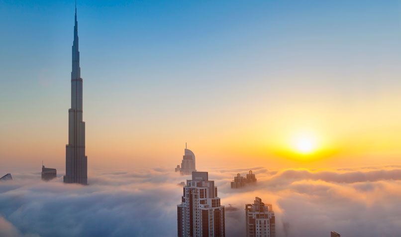 The world's tallest building, the Burj Khalifa, dominates the Dubai skyline.