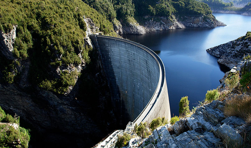 Water from Tasmania's Gordon Dam drives three turbines that generate up to 432 megawatts of power.
