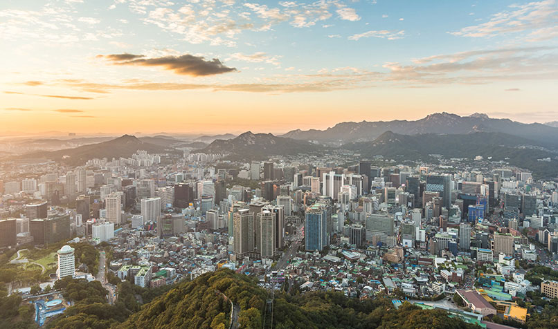 Sunset over Seoul as seen from Mount Namsan in the heart of South Korea's capital city.