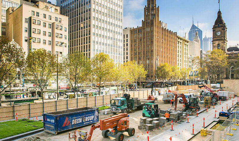 Work at the former site of the Melbourne City Square in preparation for the Metro Tunnel.