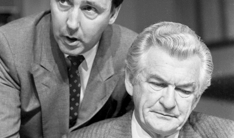 Former Treasurer Paul Keating (left) and Prime Minister Bob Hawke in June 1988 at the Australian Labor Party national conference.