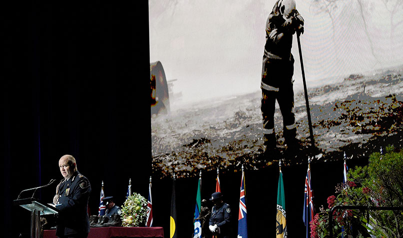 Fitzsimmons addresses the gathering at the Bushfire State Memorial at Qudos Bank Arena in Sydney, in February 2020.