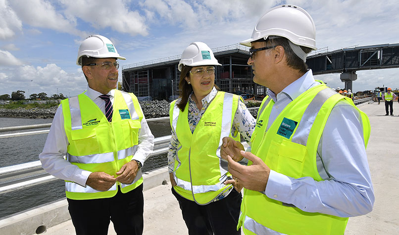 Queensland Minister for State Development, Manufacturing, Infrastructure and Planning, Cameron Dick (left), Queensland Premier Annastacia Palaszczuk (centre) and Roy Cummins, CEO of the Port of Brisbane during a visit to inspect progress of the Brisbane International Cruise Terminal.