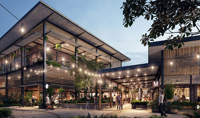 The dining and entertainment precinct at Westfield Coomera Living Centre in Queensland. The mall opened in October 2018, and features a 2600-sqm space with art installations, picnic areas and play zones.
