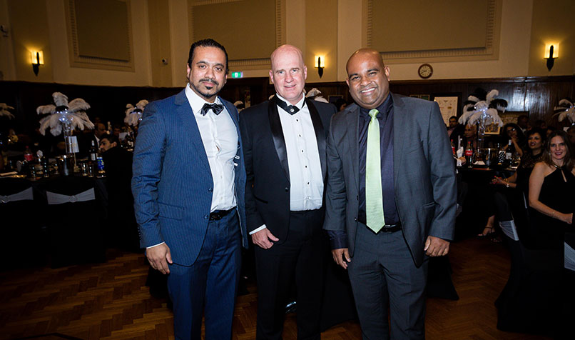 Sonny De Silva (R) at the CDF Ball with Binara Dharmawardana (L), founder and president of CDF, and Scott Chapman, CEO of Royal Flying Doctor Service Victoria.