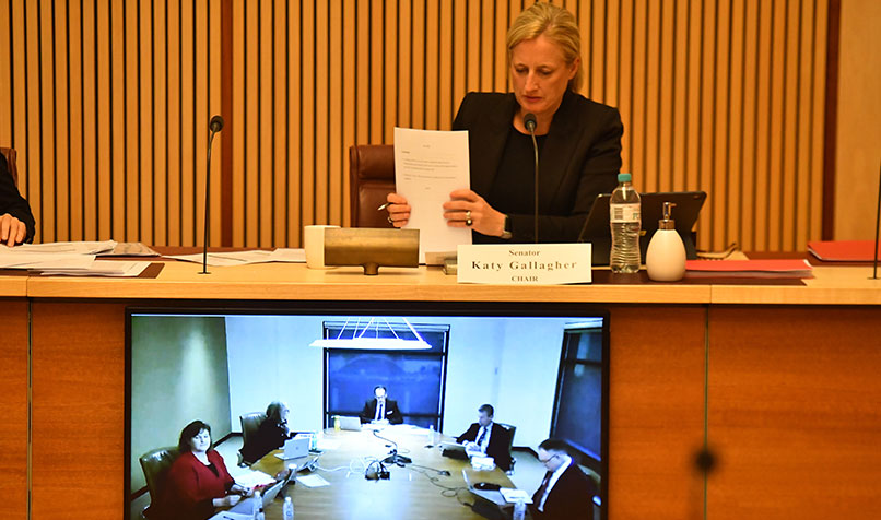 Shadow Minister for Finance Katy Gallagher questions ASIC chairman James Shipton (centre) as he appears by audio visual link at the Senate Inquiry into COVID-19 at Parliament House in Canberra, in May 2020.