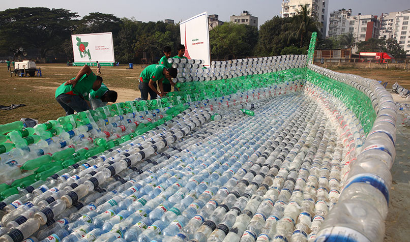 An exhibition by BC Clean, a Bangladesh-based not-for-profit, which created an installation of 3.1 million discarded plastic bottles.