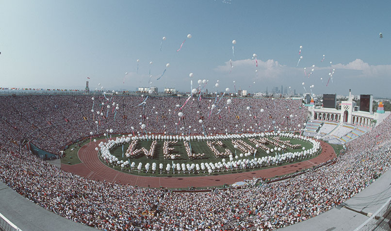 The opening ceremony of the 1984 Summer Olympics at the Los Angeles Memorial Colosseum. The stadium was packed to its capacity of nearly 80,000 people.