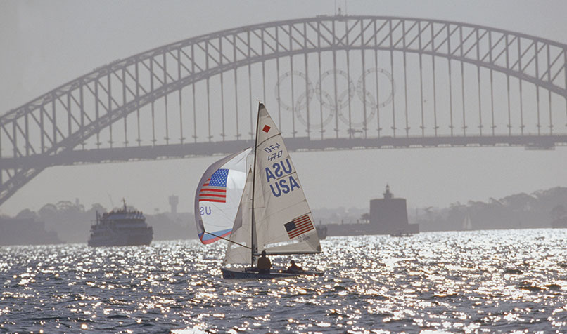 The US team sails in the Women’s Double-Handed Dinghy (470) Fleet Races during the Sydney 2000 Olympic Games at Rushcutters Bay in Sydney, Australia.