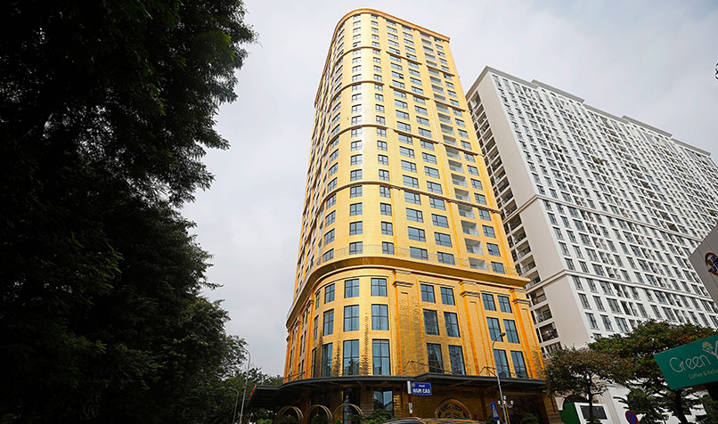 The Dolce by Wyndham Hanoi Golden Lake hotel, a gold-covered accommodation built next to Giang Vo Lake and billed as South-East Asia’s most luxurious hotel.