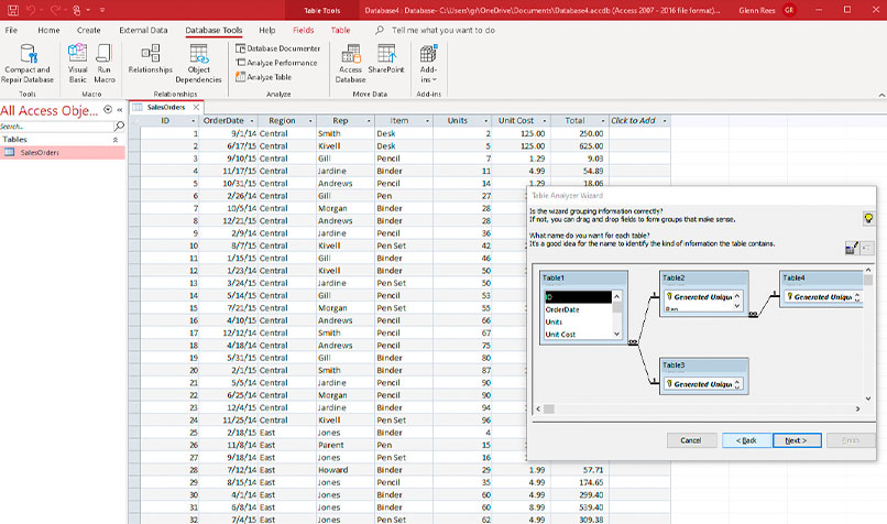Access’s Table Analyzer can import a spreadsheet and automatically create a relational database.