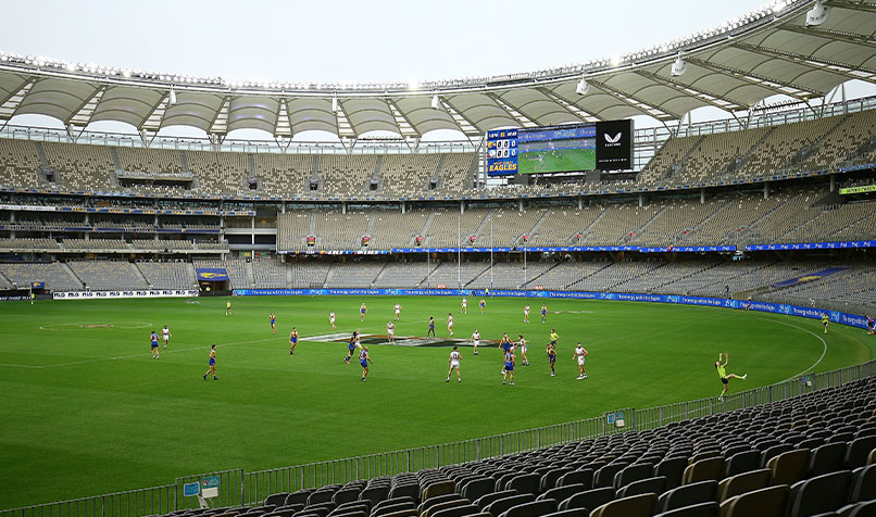 Spectators were prohibited at AFL games held at Perth’s Optus Stadium earlier this year.