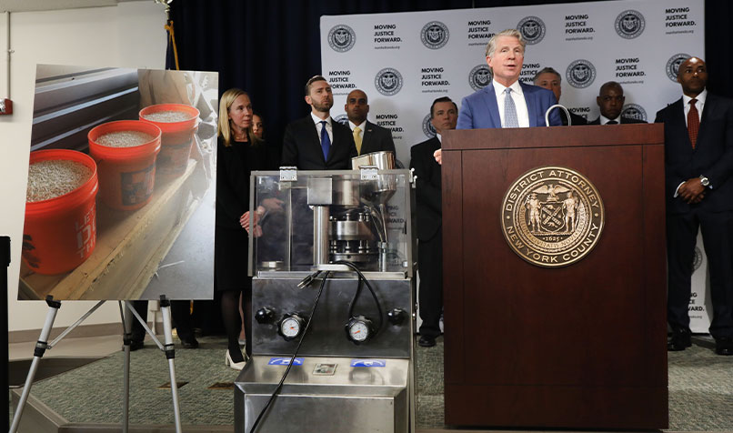 Manhattan District Attorney Cyrus Vance Jr. announces the takedown of a crime ring run on the dark web. Three individuals were arrested in connection with the sale of counterfiet medication on the dark web.