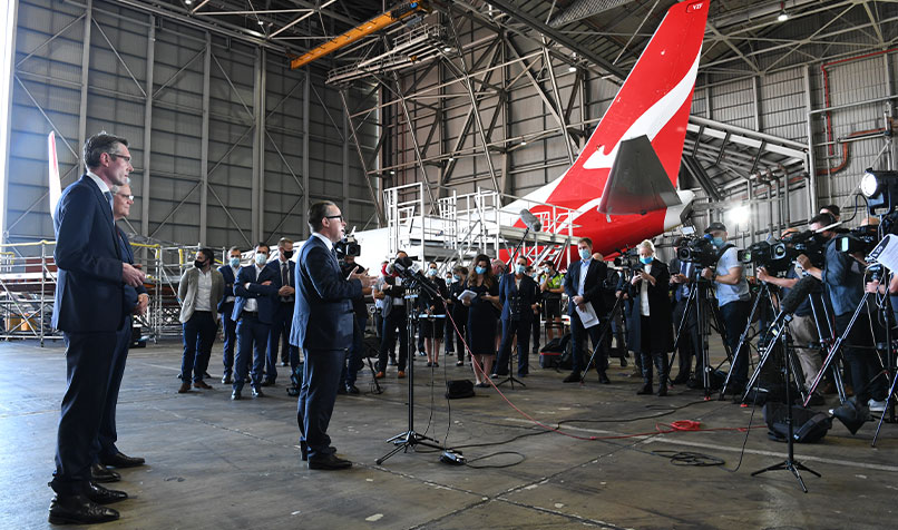 Alan Joyce, CEO of Qantas, talks to the media at the Qantas Jetbase in Sydney, Australia. In October 2021, Qantas announced that all Australia-based Qantas and Jetstar employees will be able to return to work in December 2021.